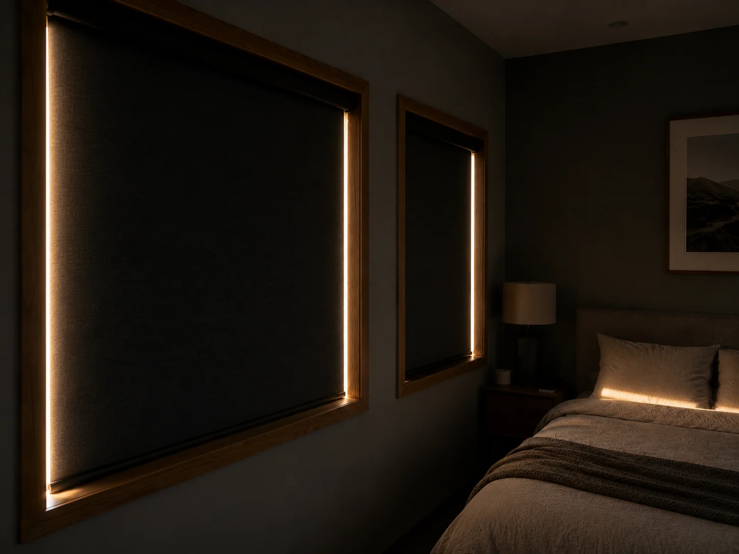 Blackout blind fitted inside a bedroom window recess showing light leakage around the edges