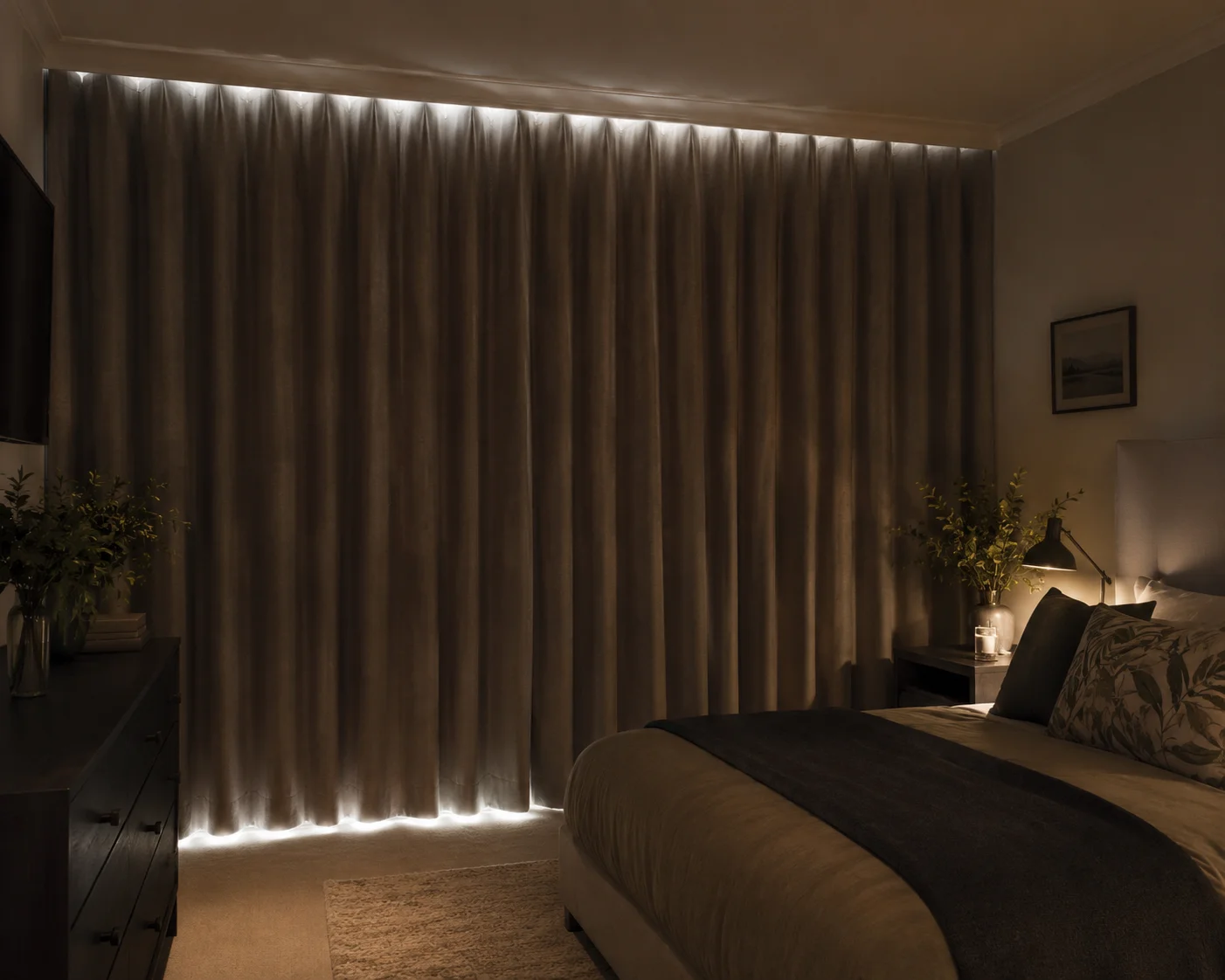 Made to measure blackout curtains extending beyond the window frame for maximum light control